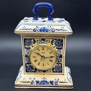 Vtg Delft Blue White Handpainted Porcelain Mantel Clock untested